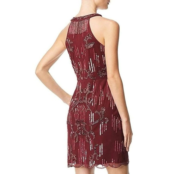 AIDAN MATTOX Beaded Fringe Sequined Tulle V-Neck Sleeveless Scallop Hem Dress 2 - Picture 7 of 9